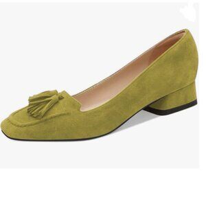 YDN Olive Block Low Heel Loafers Square Toe Tassel Fringed Pump Slip On Shoe